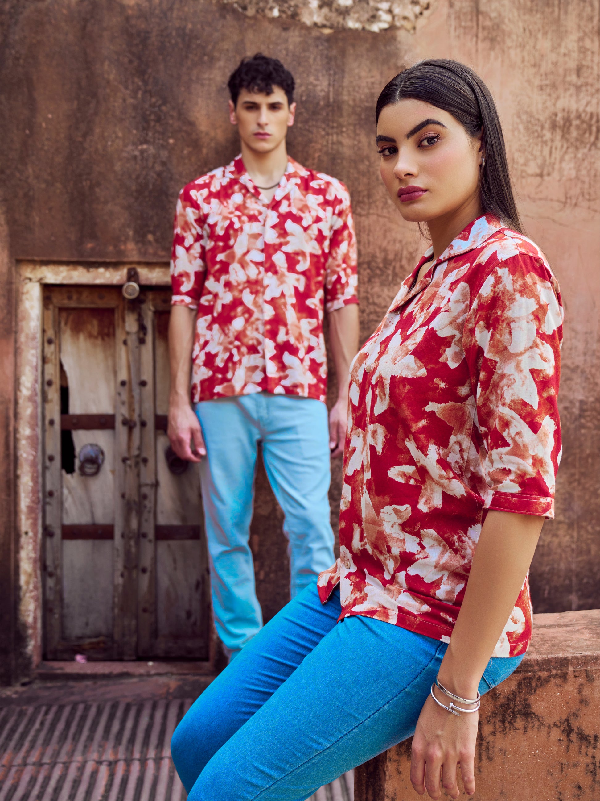 White Flower Red Linen Shirt - Elvire Look