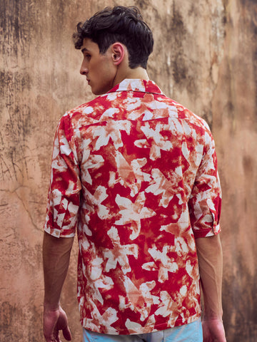 White Flower Red Linen Shirt - Elvire Look