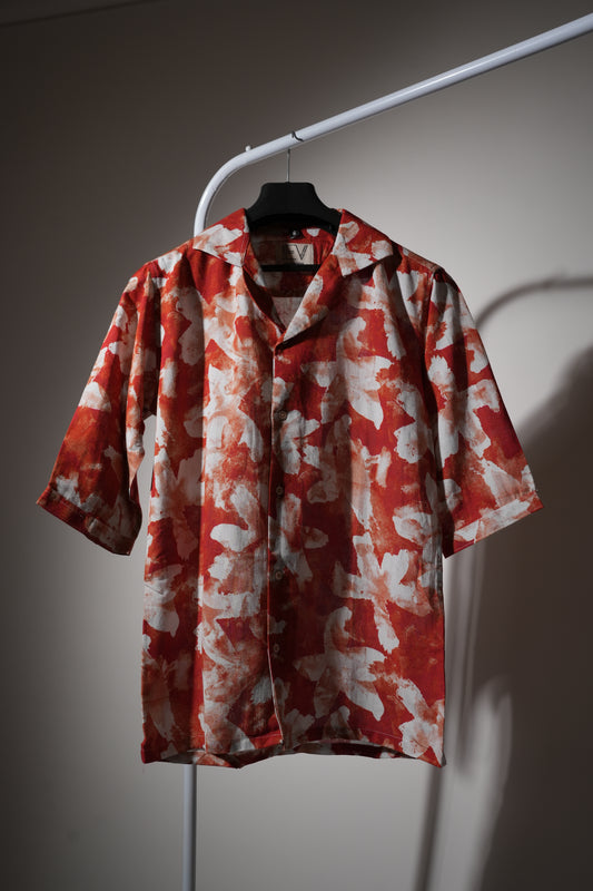 White Flower Red Linen Shirt